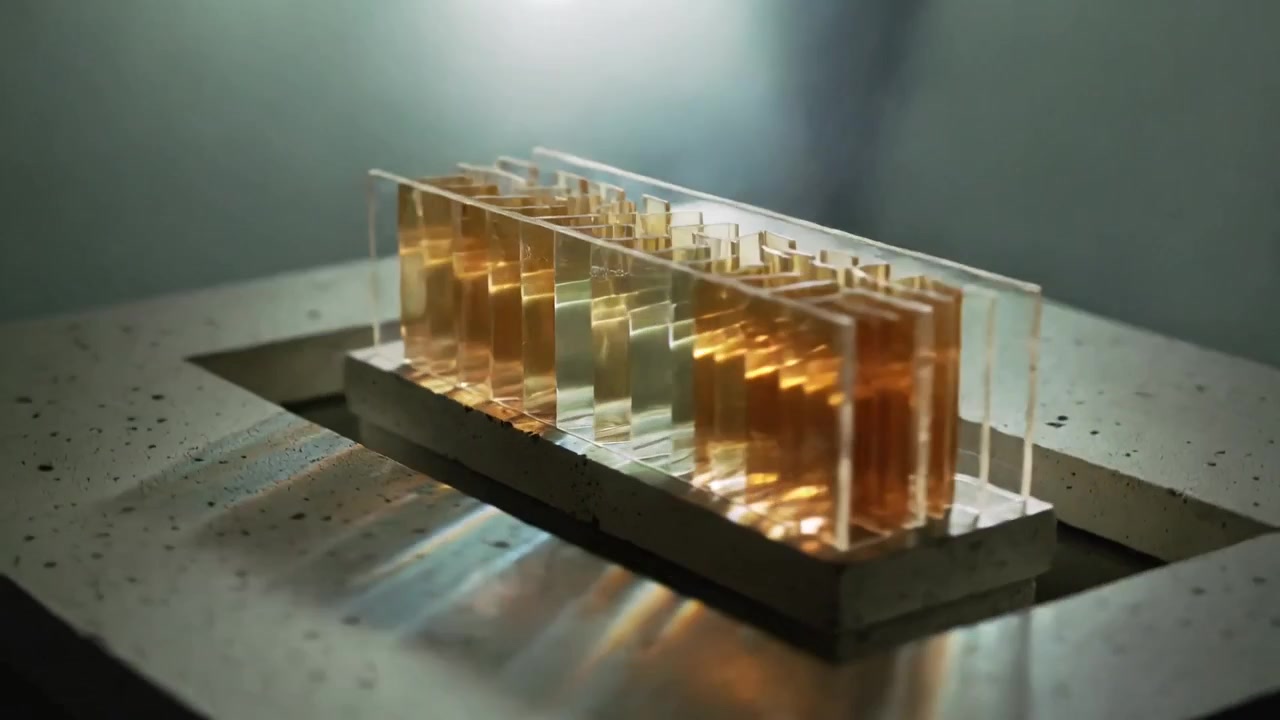 Shifting camera showing array of thin clear plates bending light in studio, showing color bands