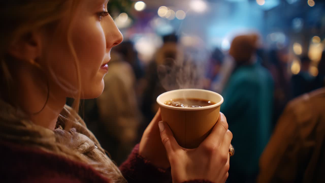 Capturing the Essence of Warmth and Comfort: A Moment with a Cup of Steam Rising Coffee Amidst a Bustling Crowd, Exuding Cozy Vibes in a Festive Atmosphere Full of Joy and Connection