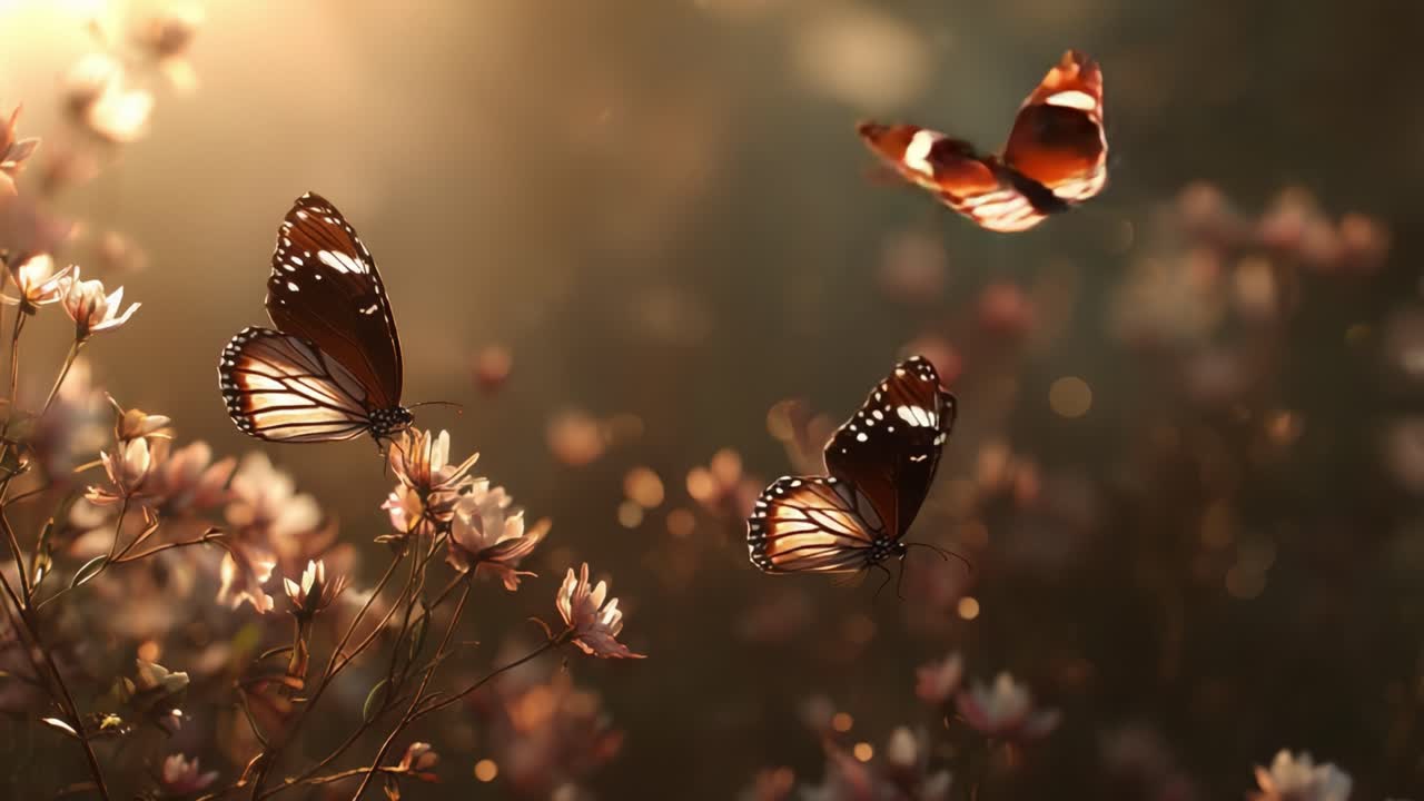 A Captivating Moment of Transformation: Two Butterflies Dance Among Vibrant Blossoms in a Sunlit Meadow, Celebrating Nature's Eternal Beauty and Grace