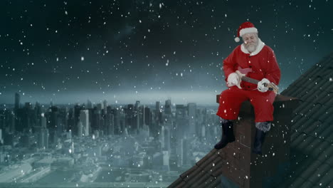 composición de video con nieve cayendo sobre el escritorio con santa sentado en la parte superior del techo