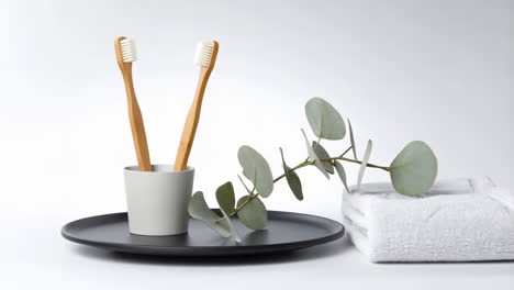 eco-friendly bathroom essentials: bamboo toothbrushes, eucalyptus, and towels