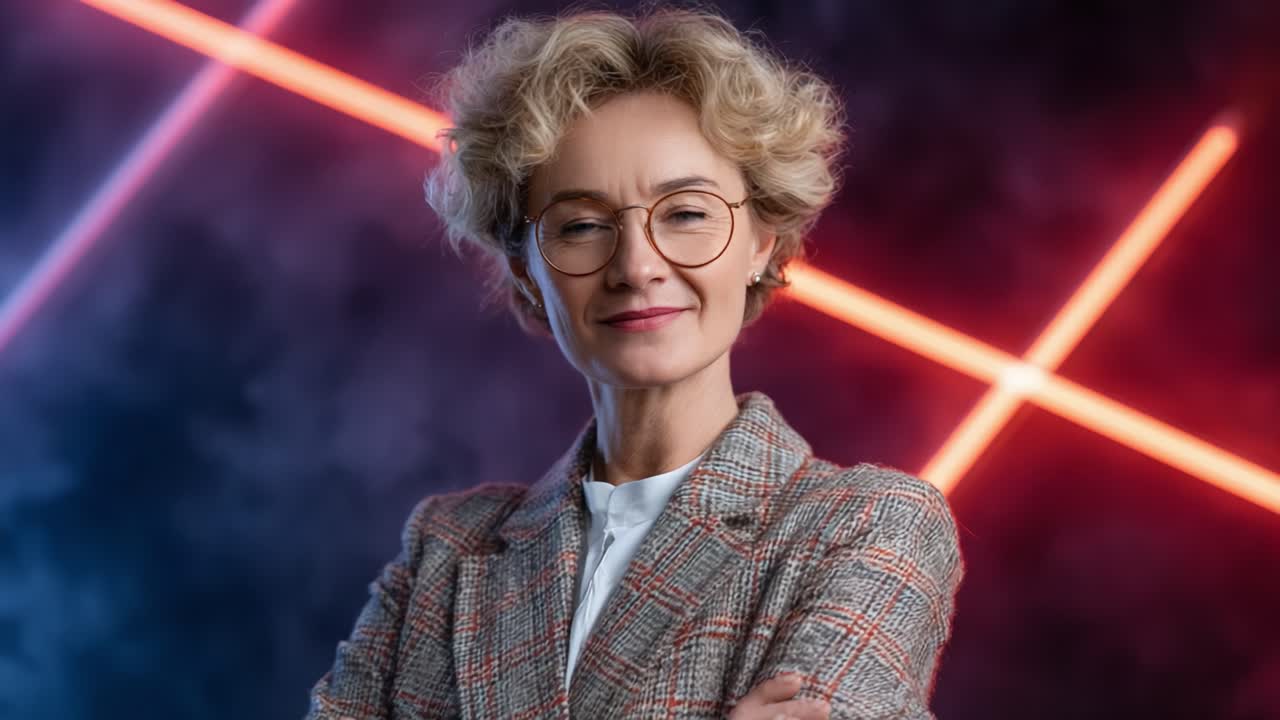Selbstbewusstes und ansprechendes Porträt einer professionellen Frau, die in einem stilvollen Outfit vor einem dramatischen Hintergrund mit dynamischen Lichteffekten Charisma ausstrahlt