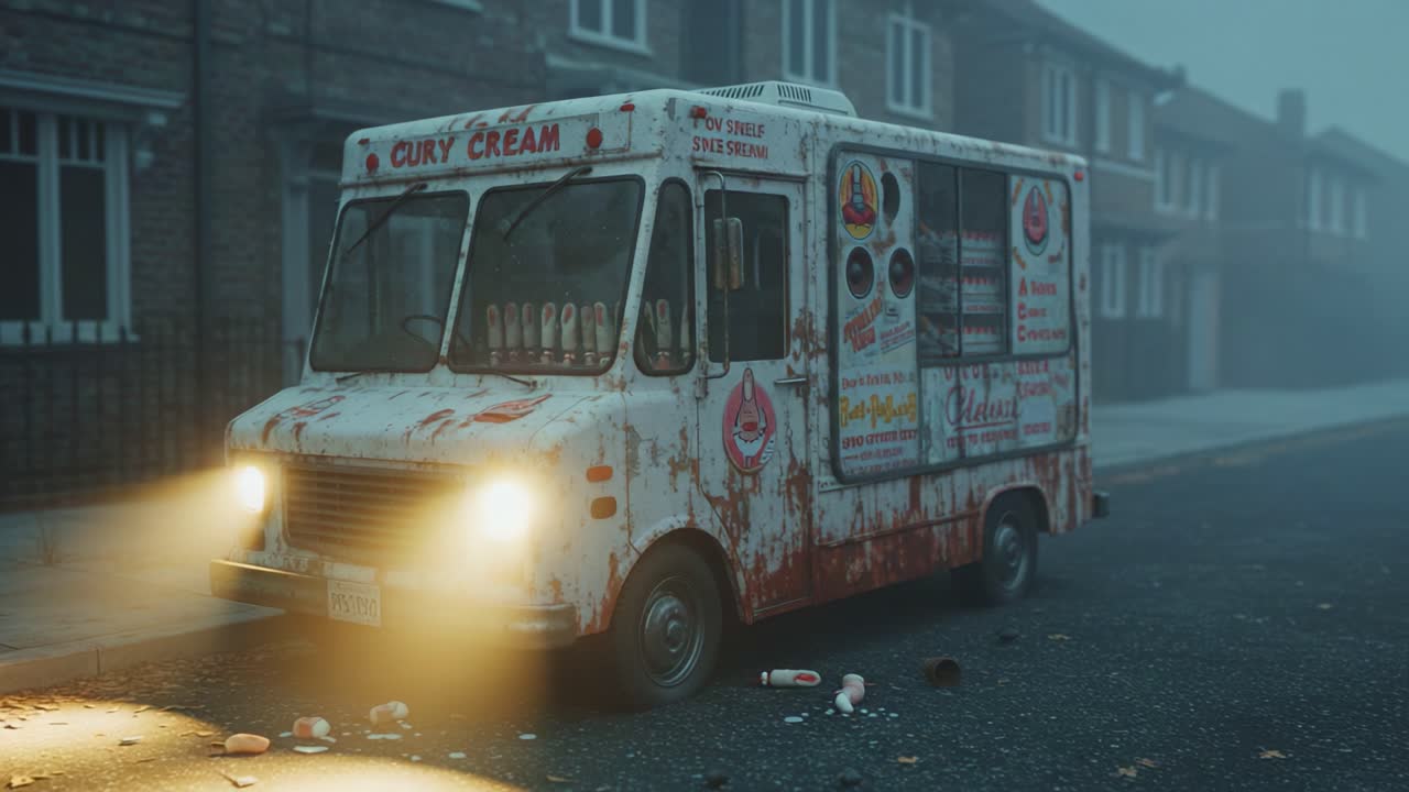 A deserted ice cream truck covered in rust and grime sits eerily on an empty street, casting a haunting presence in the fog, evoking nostalgia and a sense of abandonment