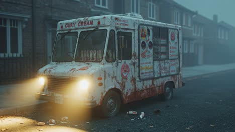 a deserted ice cream truck covered in rust and grime sits eerily on an empty street, casting a haunting presence in the fog, evoking nostalgia and a sense of abandonment