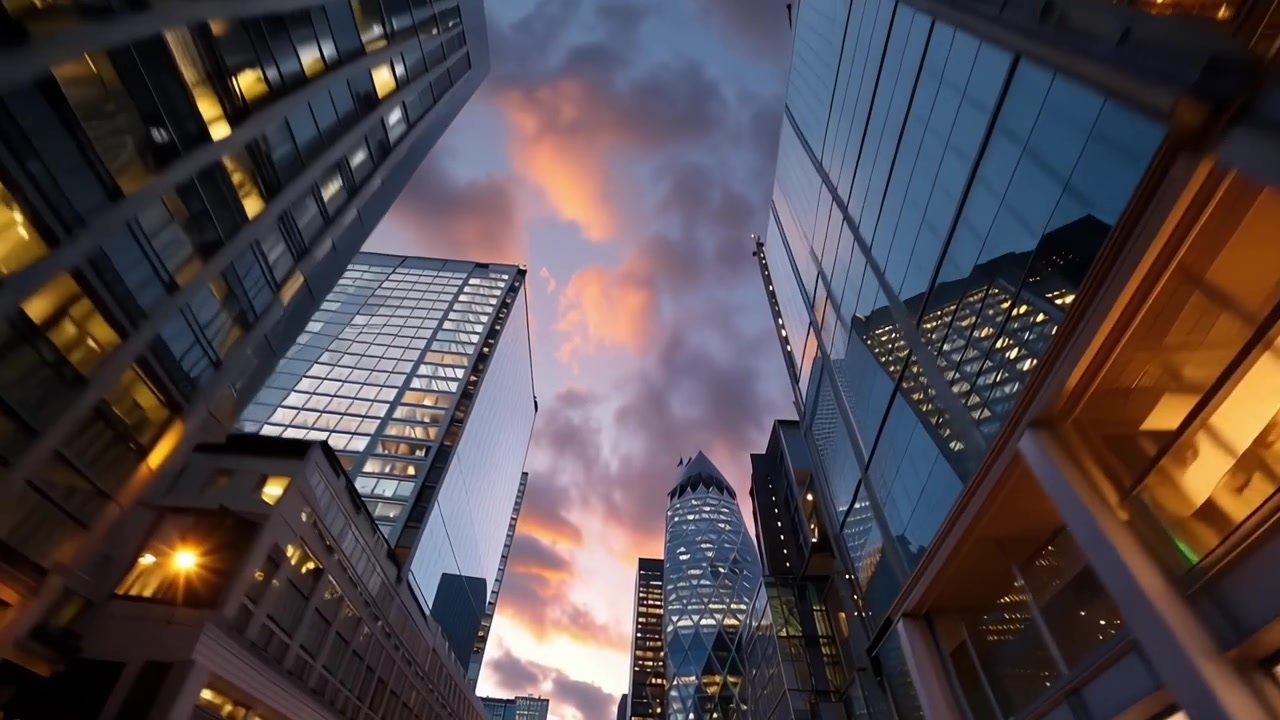 Tomada dinâmica em ângulo baixo de arranha-céus da cidade ao pôr do sol.