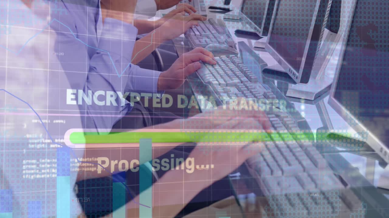 animación del procesamiento de datos y datos encriptados en manos de diversos trabajadores del centro de llamadas