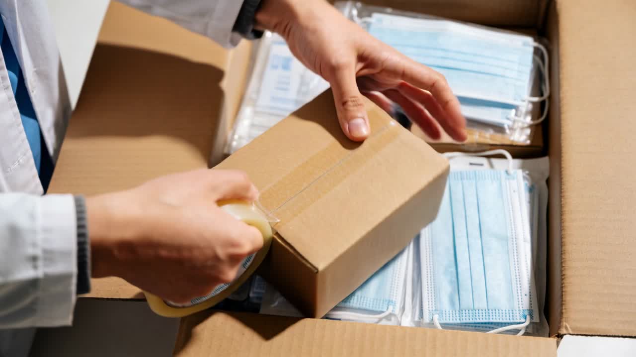 Placing box on masks, lab coat hands pulling clear tape, sealing package, storeroom for shipment