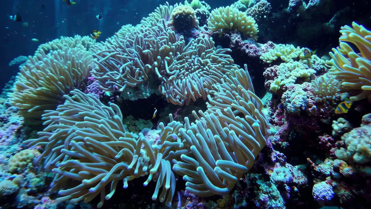 Anemoni di mare vivaci e pesci pagliaccio in una barriera corallina.
