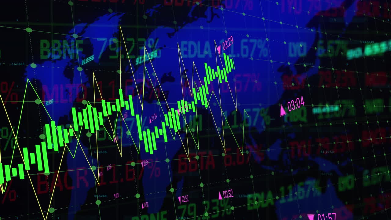 animación de múltiples gráficos con números cambiantes y tablero de negociación sobre el mapa sobre fondo negro