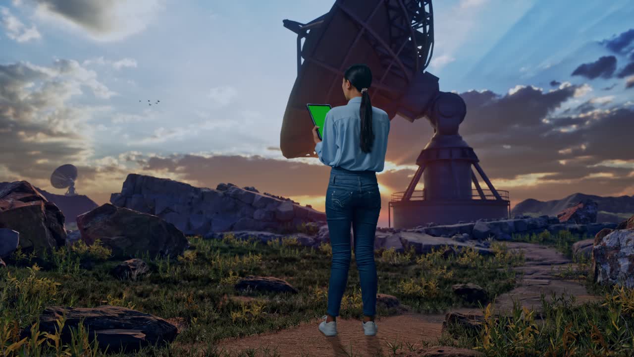 Full Body Back View Of An Asian Female Professional Worker Standing With Green Screen Tablet With Large Satellite Dish, Industrial Facility