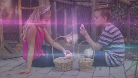 pink and blue light trails against caucasian brother and sister holding eggs in the farm