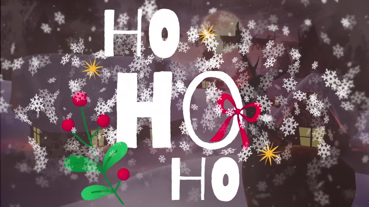 animación de ho ho ho sobre el paisaje de invierno con casas, ciervos y nieve
