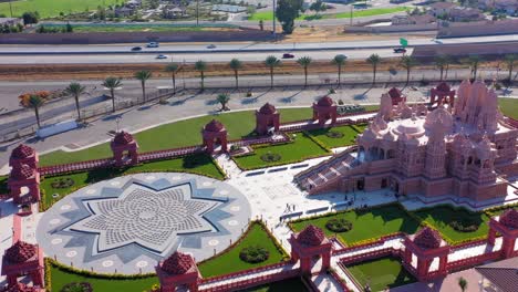 Flying-around-and-panning-up-at-the-BAPS-Shri-Swaminarayan-Mandir-Hindu-temple-in-Chino-California