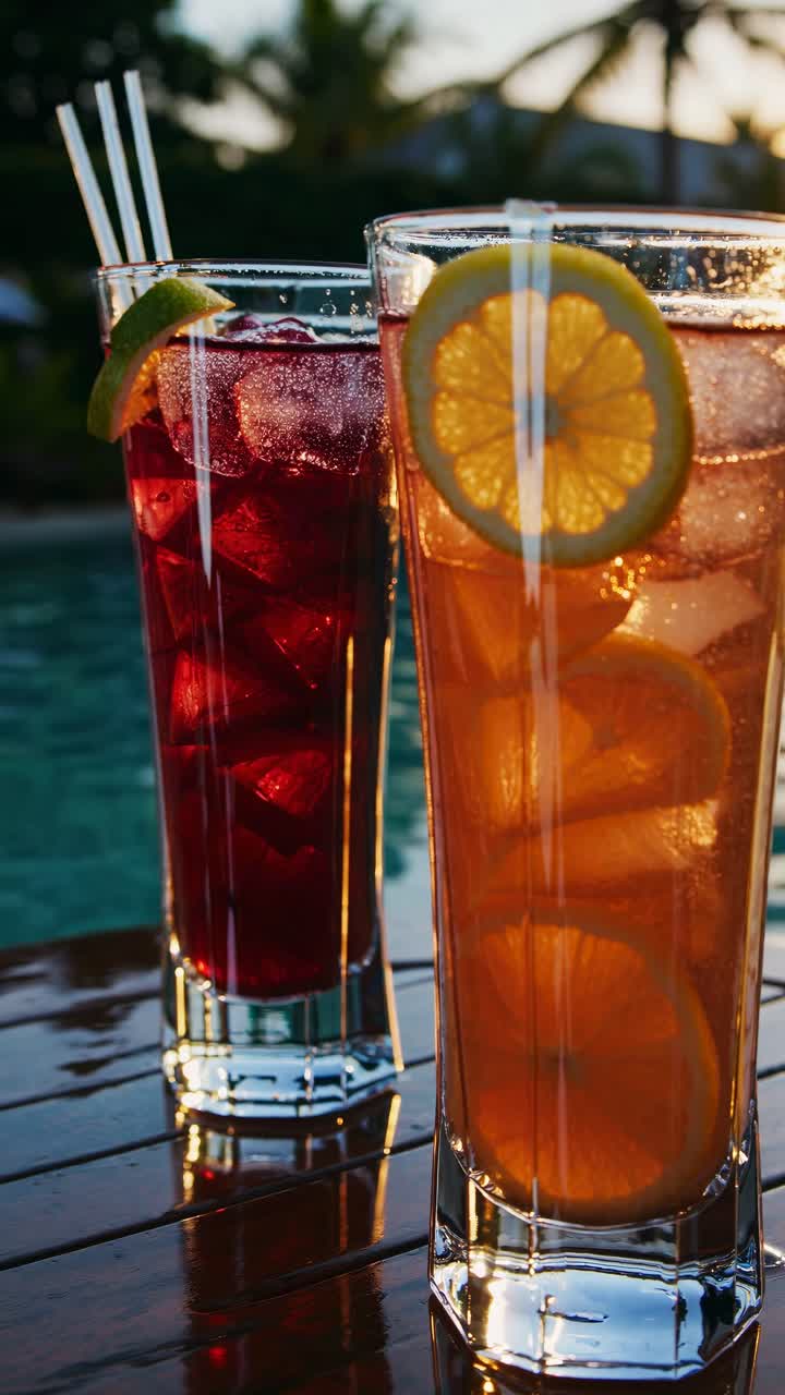 Bebidas refrescantes junto a la piscina al atardecer, capturadas en primer plano.