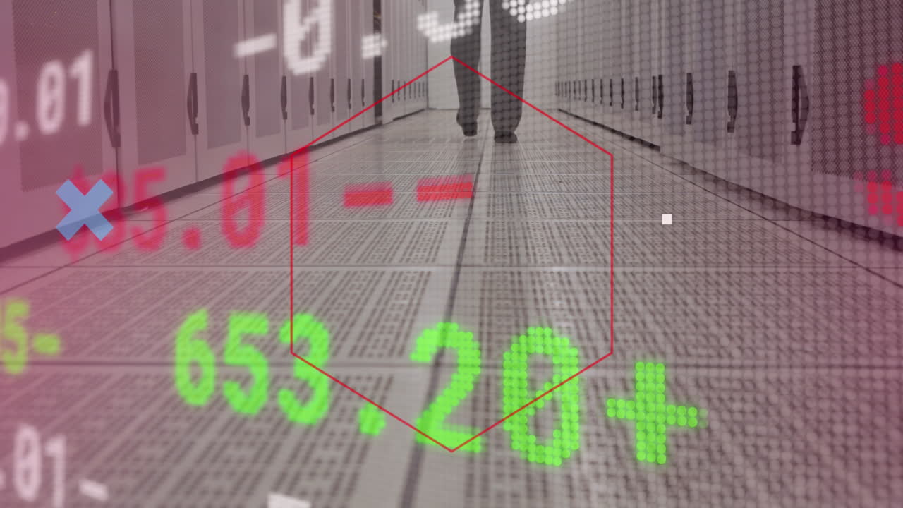 Animation of financial data processing over server room