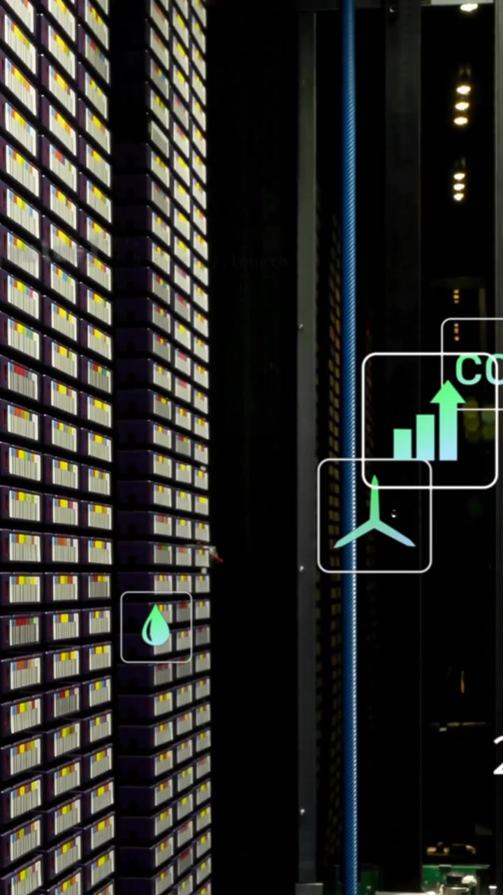 Animation of ecology icons and data processing over server room