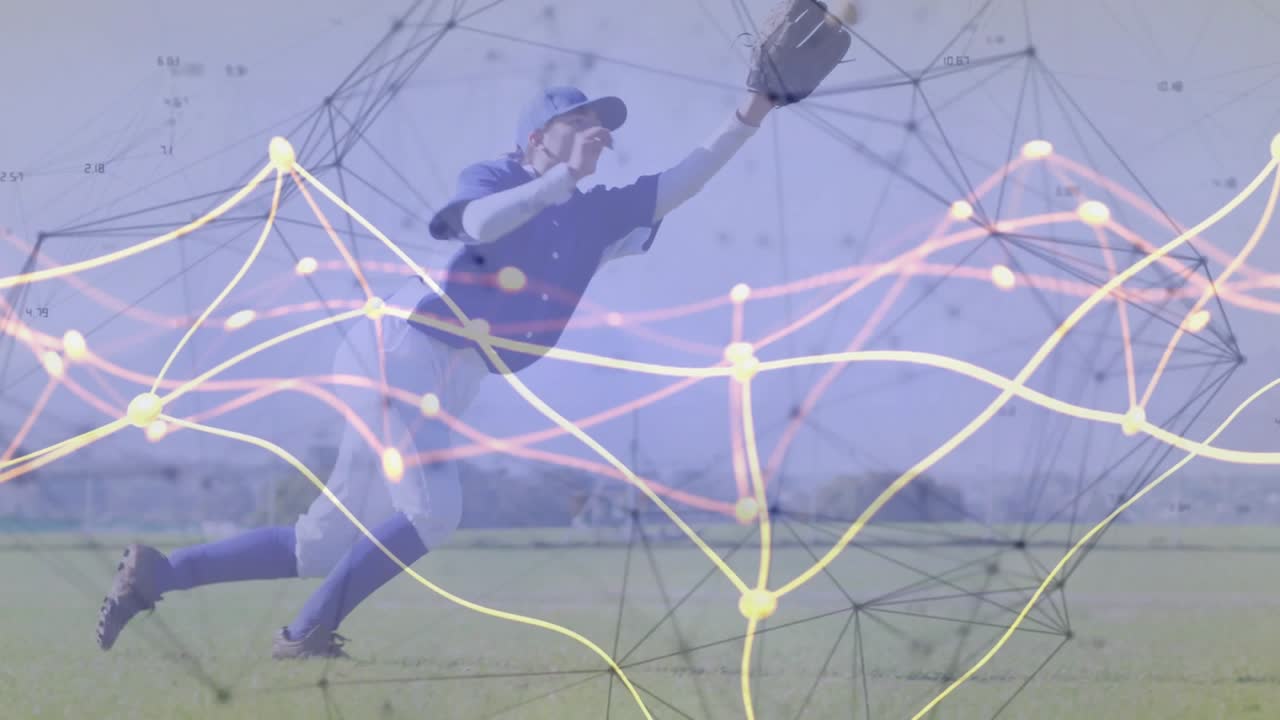 Baseball fielder reacting to incoming ball sprinting diving trying to secure catch under node mesh