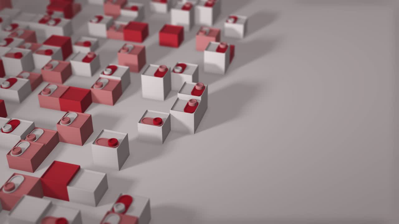 renderización 3d de animación en bucle con formas geométricas. animación sin fin. un video tranquilo y satisfactorio con un cambio de forma. deslizadores se encienden. color rojo blanco. profundidad de campo. borrosidad
