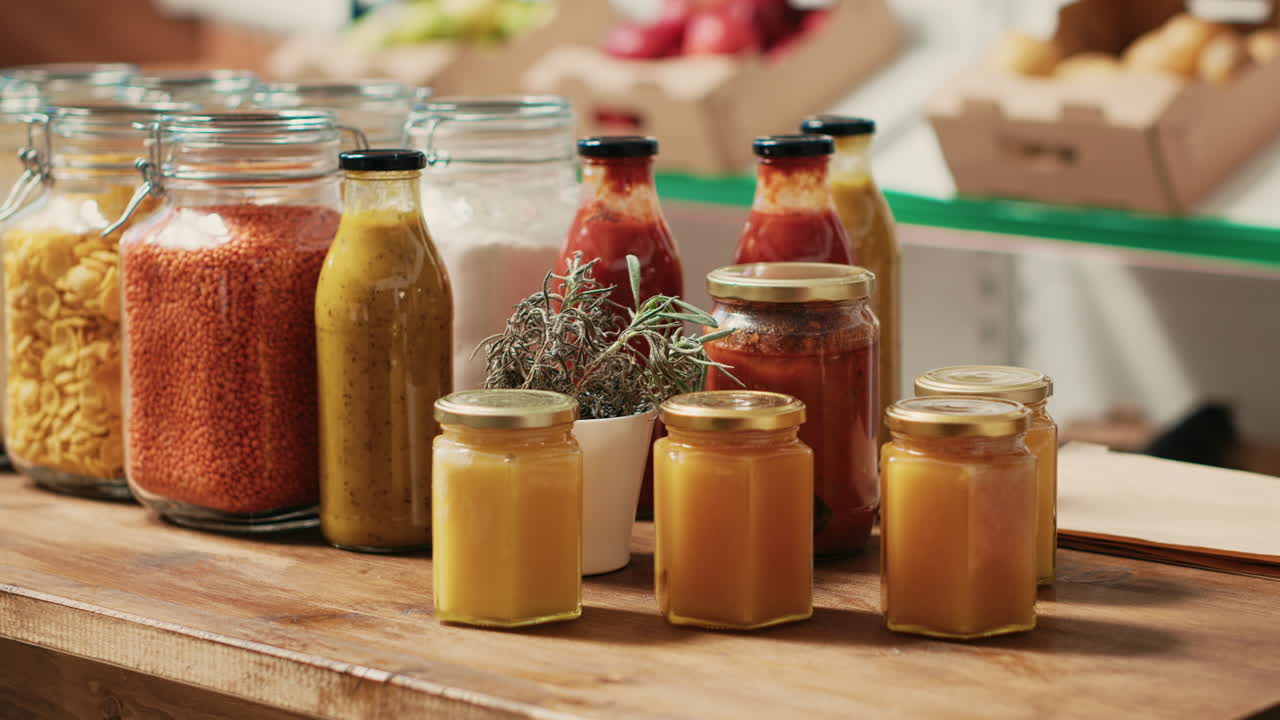 재사용 가능한 유리 용기에서 선반에 있는 대량 식품