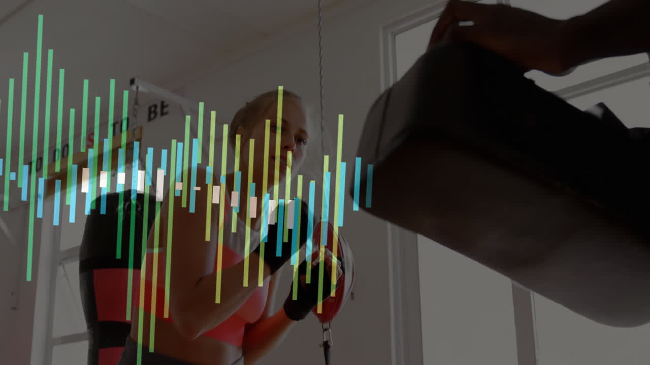 Woman practicing boxing fitness training in gym, with colorful audio waveforms overlaying action
