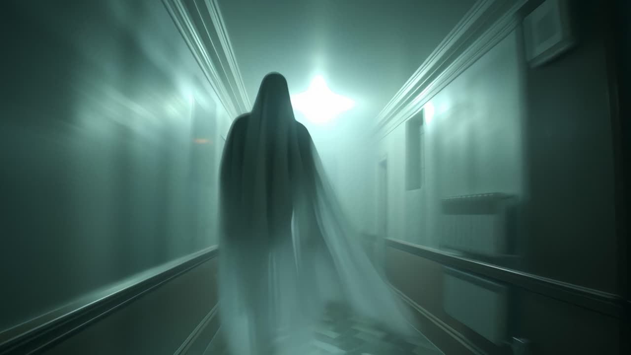 A Haunting Presence Emerges in the Foggy Hallway, Shrouded in Mystery and Eerie Aura, Capturing the Essence of Fear in a Dimly Lit Environment