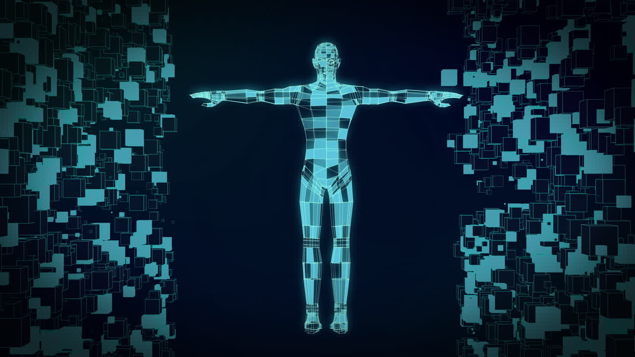 Animation of blue 3d cuboid body shape rotating over moving cubes on dark background