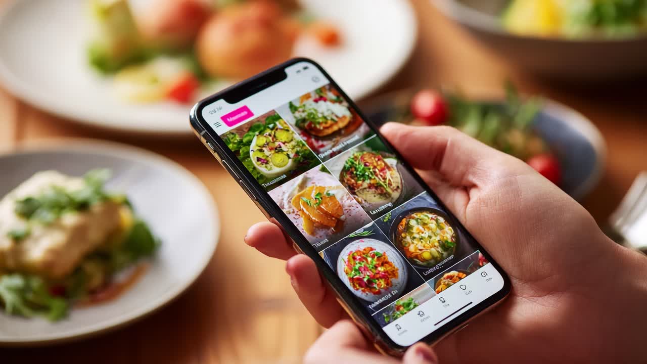 Exploring Culinary Delights: A Close-Up of a Hand Interacting with a Smartphone Displaying Delicious Food Images, Surrounded by an Array of Colorful Dishes on a Dining Table