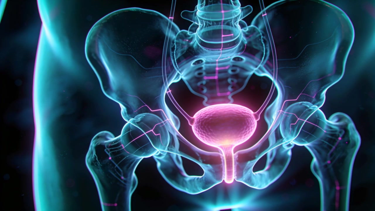Pelvi in riproduzione continua che mostra una vescica luminosa, uretra illuminata e tracce nervose pulsanti in uno studio medico per scopi di studio.