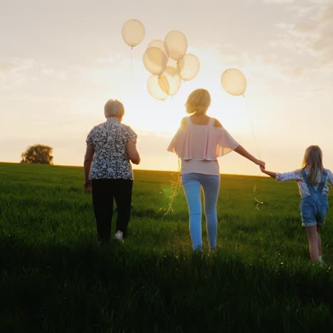 a large family with children is walking along the green meadow towards the sunset