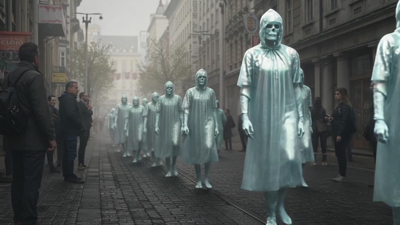 A surreal procession unfolds on a foggy street as eerie figures clad in transparent attire march together, captivating the attention of onlookers in a mysterious urban setting