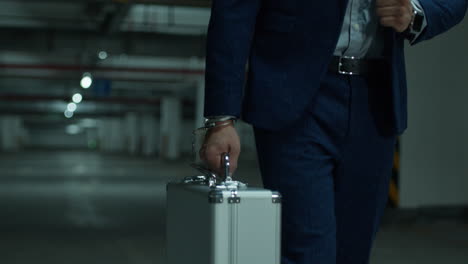 handcuffed businessman in a parking garage