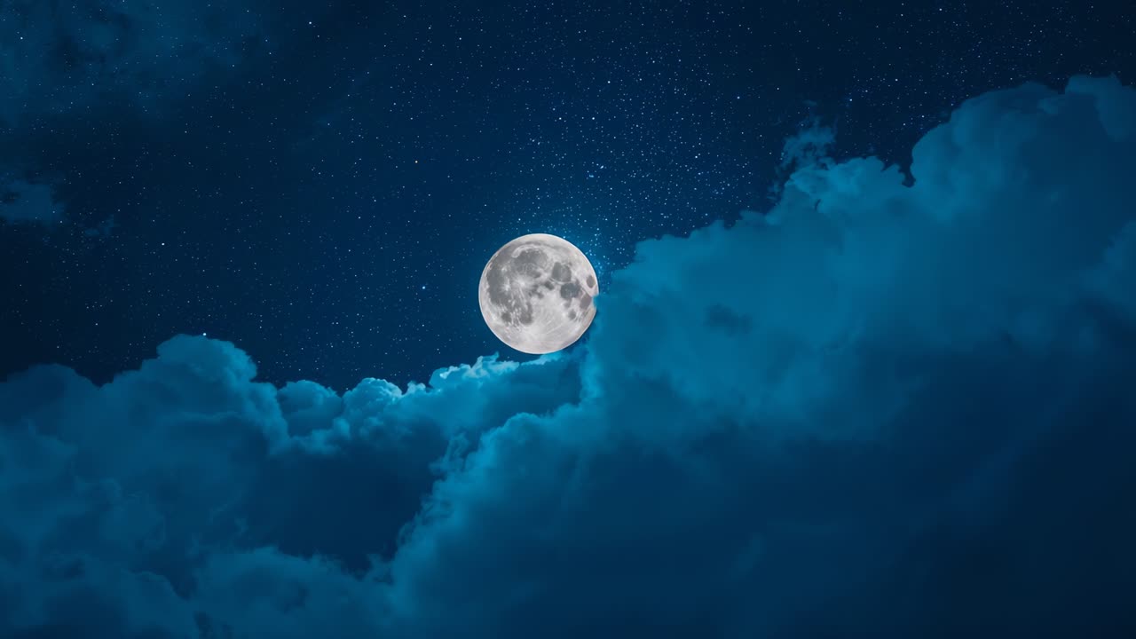 Full moon rising in night sky above cloud bank, with clouds drifting right and stars twinkling