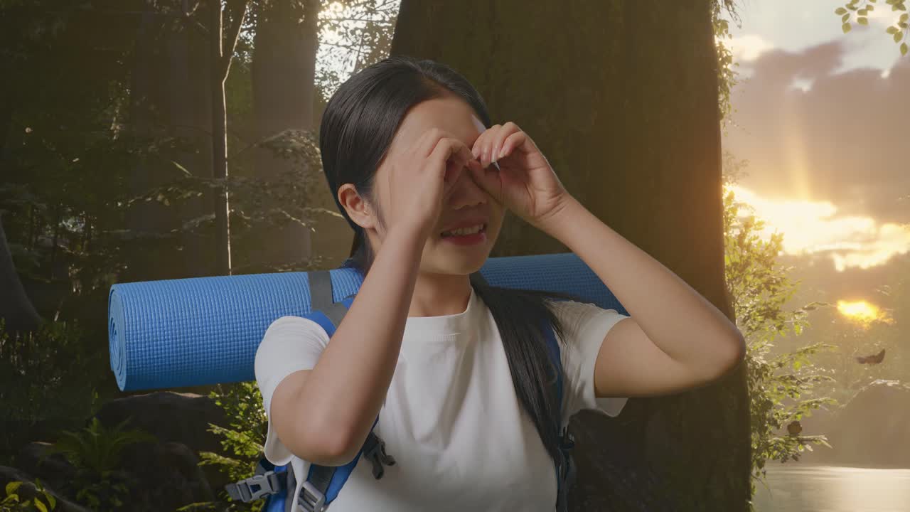 해가 뜨는 동안 숲에서 산책하는 여자