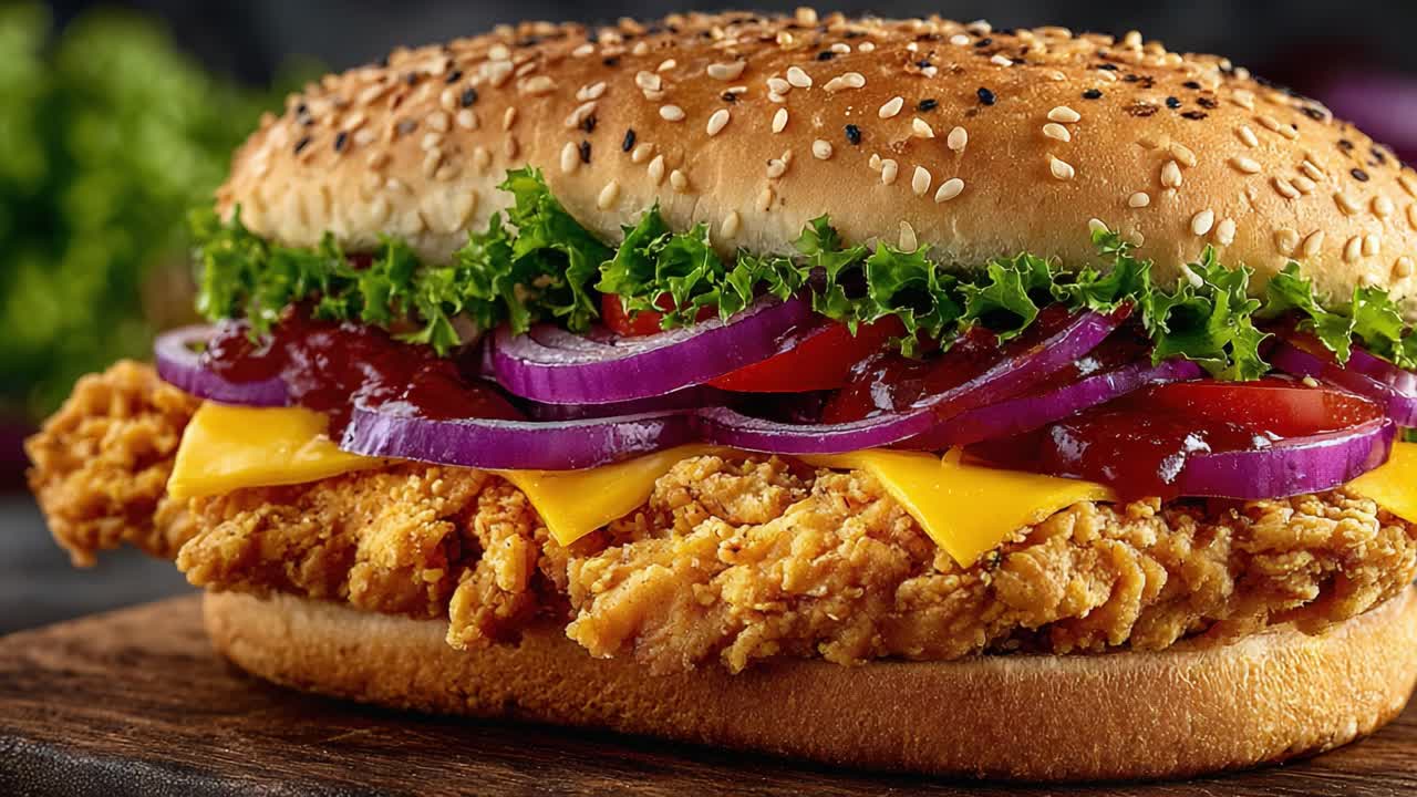 Delizioso panino con pollo, farcito con ingredienti freschi e saporiti, con pollo croccante, formaggio cheddar e un gustoso panino ai semi di sesamo