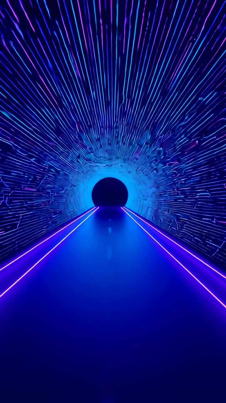 Video verticale: vista all'apertura che scorre attraverso il tunnel espositivo, seguendo le strisce LED a terra verso l'uscita
