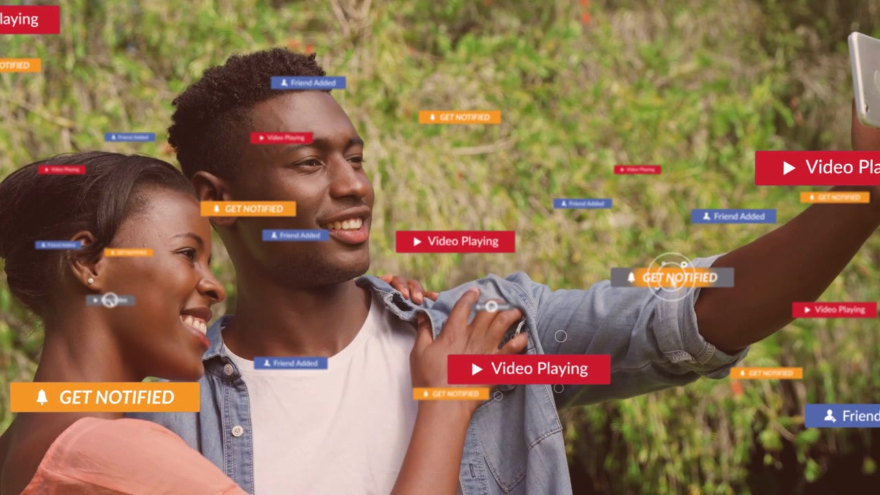 Man holding phone woman leaning taking selfie starting app badges covering faces and phone drifting