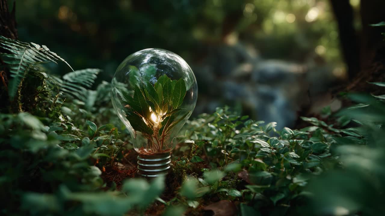 Una straordinaria immagine concettuale di una lampadina piena di vegetazione verdeggiante, che simboleggia l'armonia tra natura e tecnologia in un ambiente di foresta incantata
