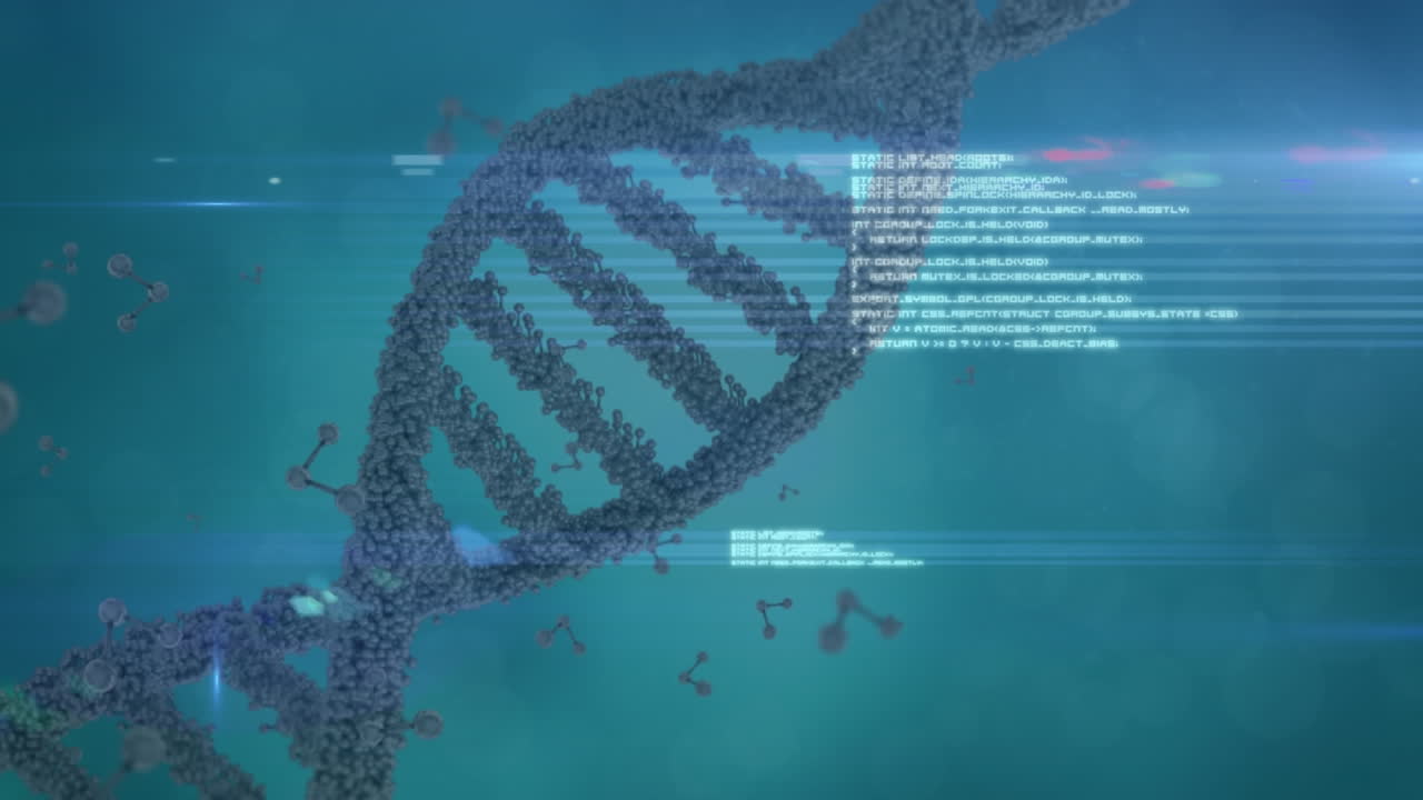 Animation of data processing and dna strand over light spots