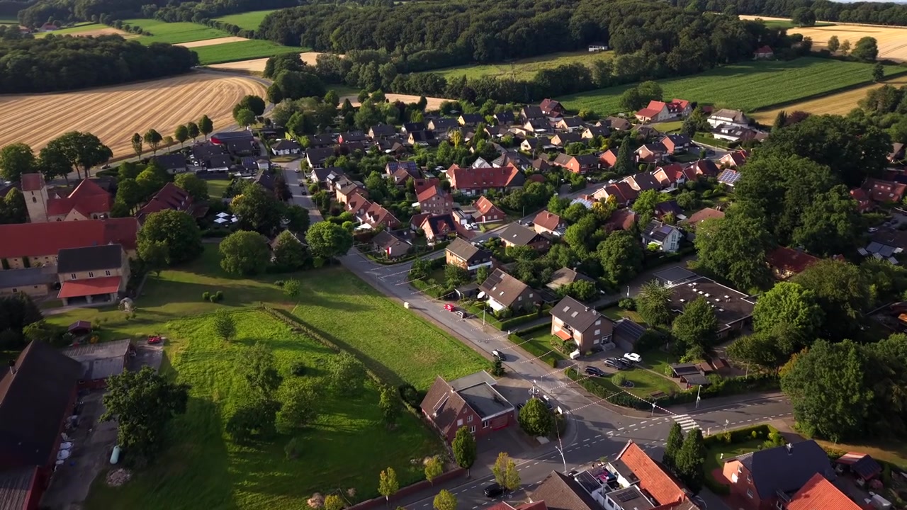 Liten landsby omkranser historisk kirketårn nær Dülmen, Nordrhein-Westfalen, Tyskland, gylne hveteåkre og jordbruksland strekker seg forbi røde tegltak ved solnedgang. Luftfoto med drone