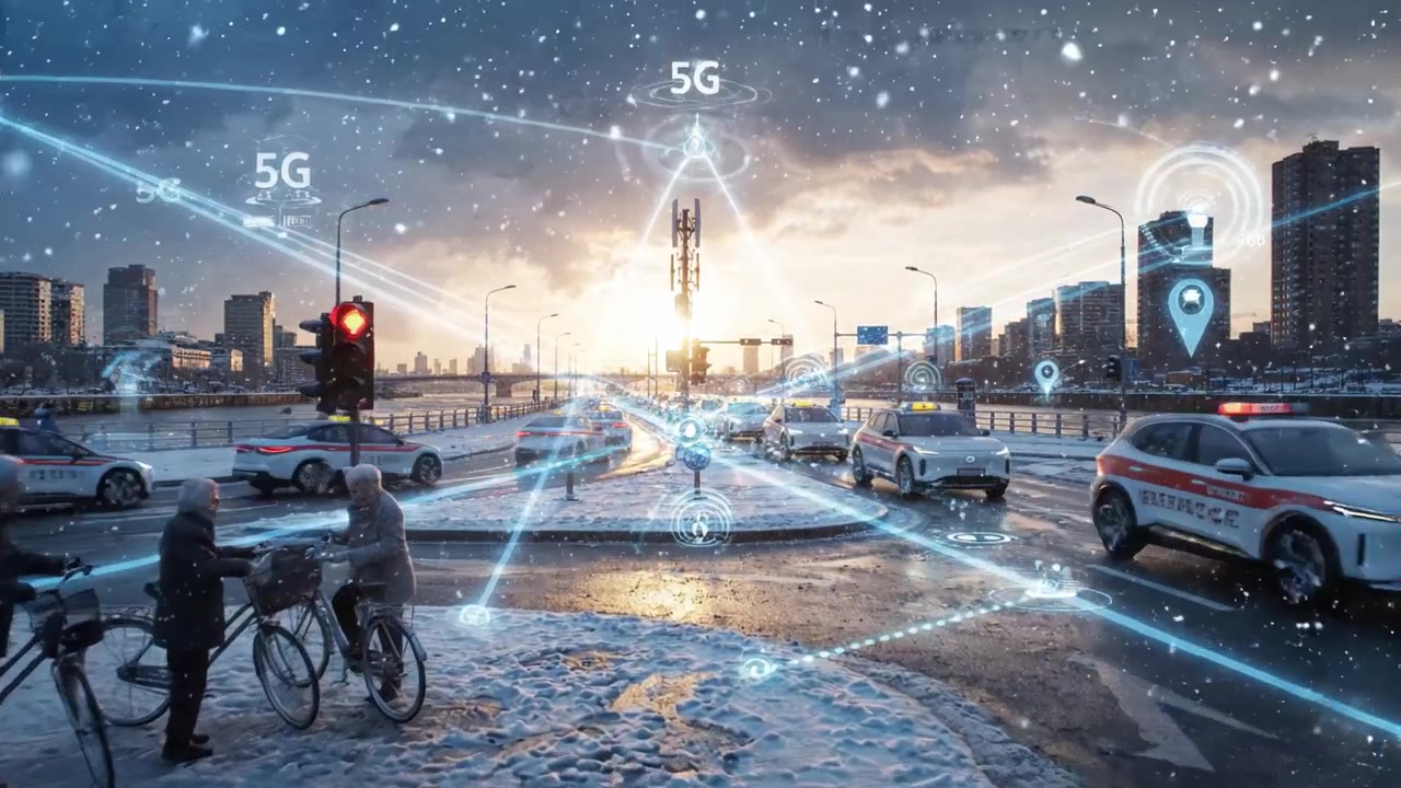 Scena invernale urbana con traffico sotto reti 5G e nevicata al tramonto - Un paesaggio urbano sereno che raffigura connettività moderna e fascino stagionale.