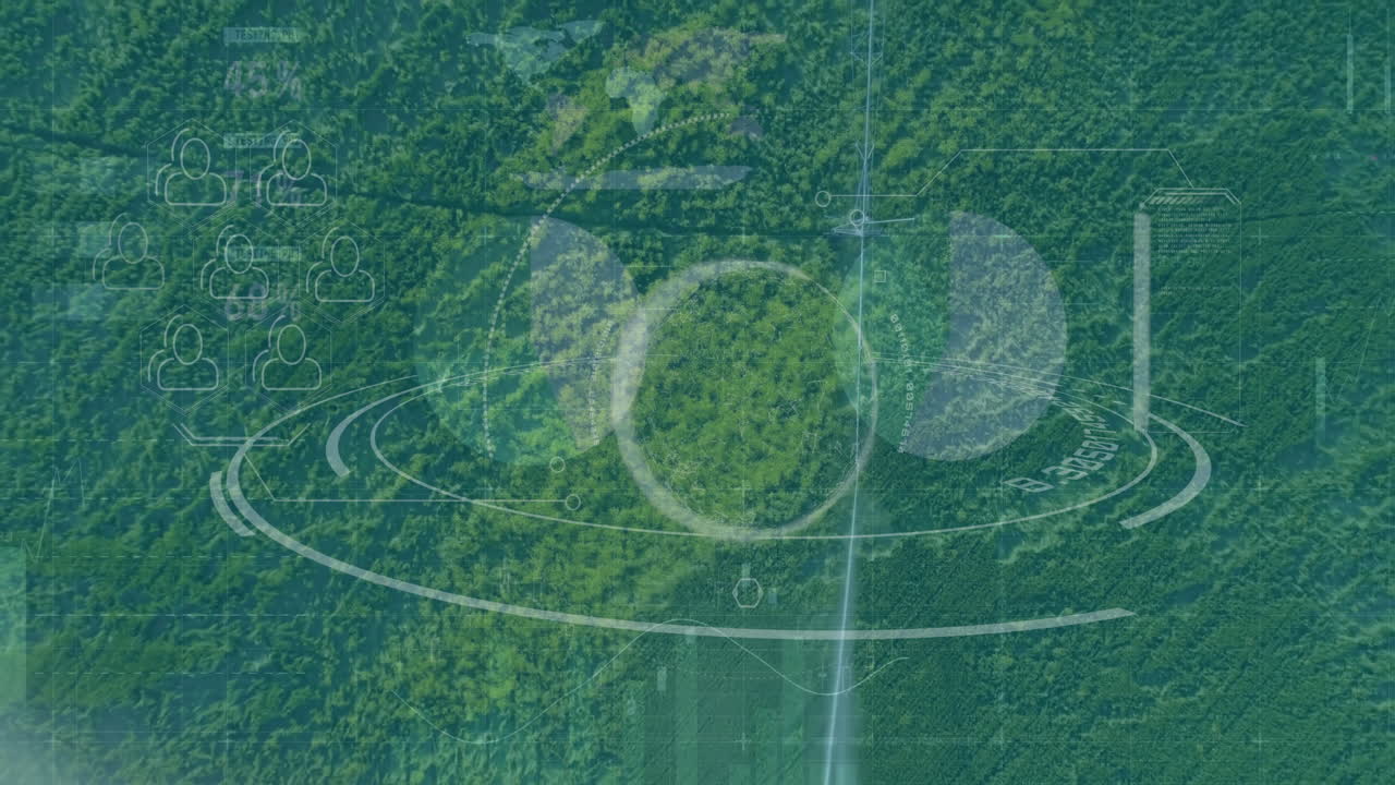 Central radar overlay showing forest data visualization, displaying avatar icons and charts
