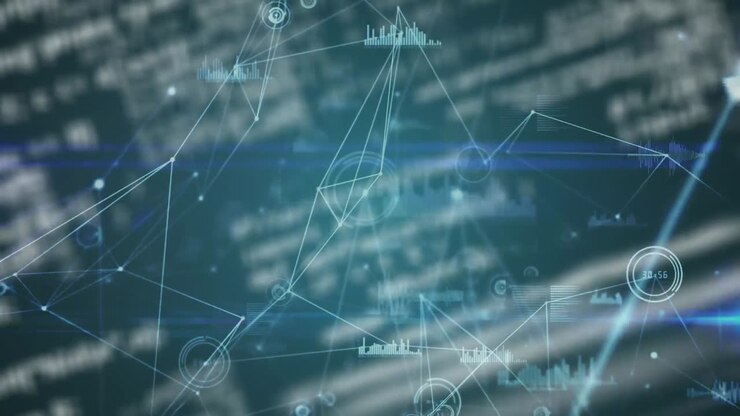 Animation of network of connections over data processing on black background