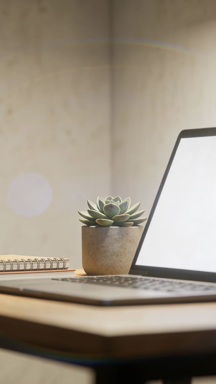Vertical video: Shifting camera framing, succulent in concrete pot centering on desk to show plant