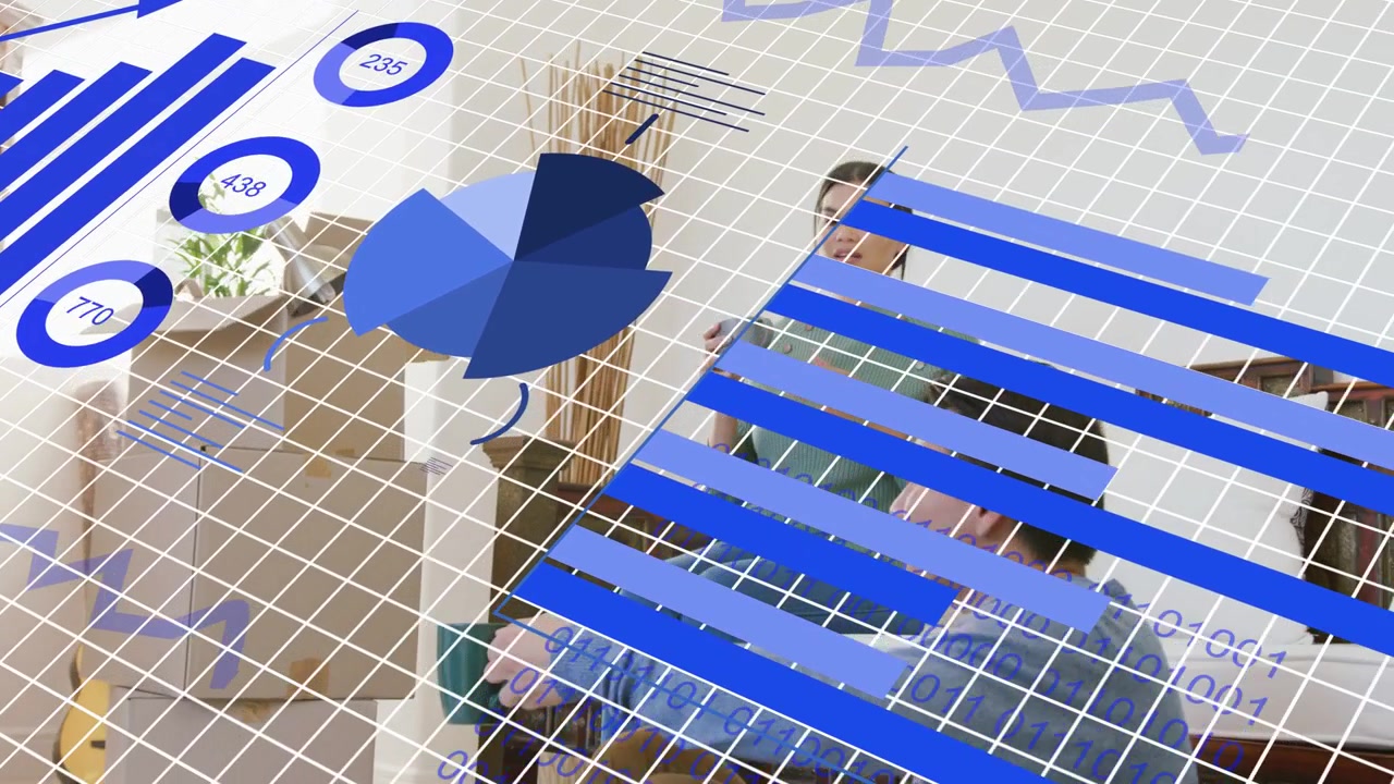 Seated man tapping device and woman leaning in, viewing tech data with blue bars over grid