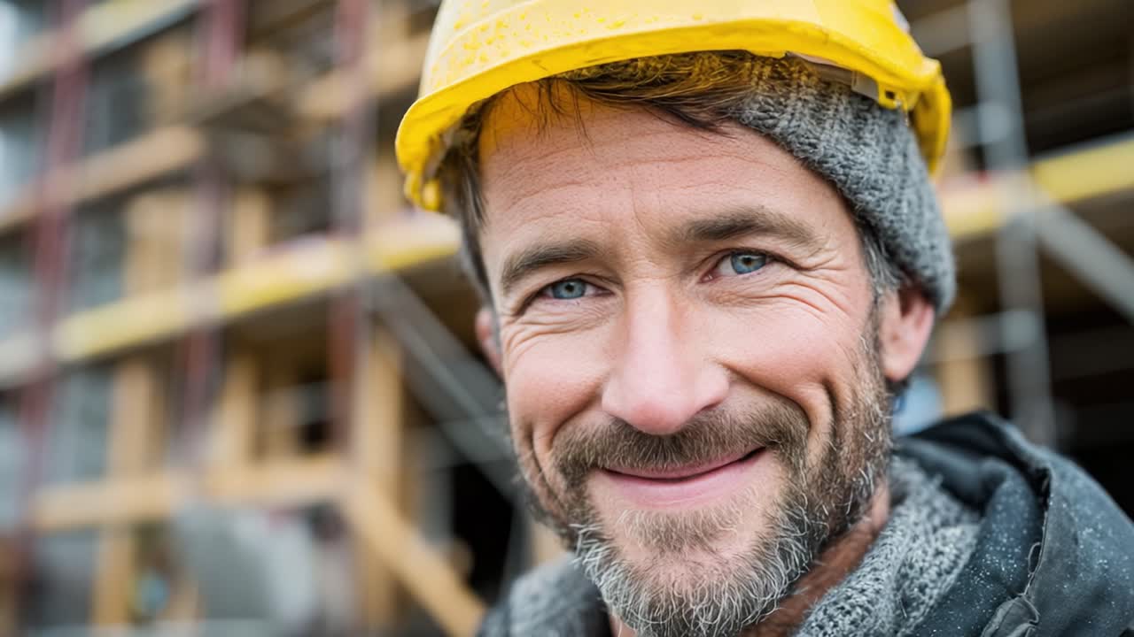 Construction Worker Smiling with Hard Hat on a Job Site, Emphasizing Safety and Professionalism in Building Environments