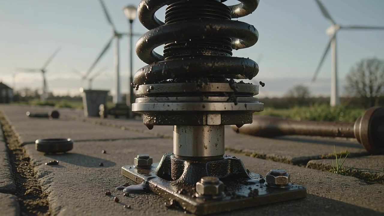 Settling coil spring assembly oscillating, shedding oil and shavings on pavers, with cap and shaft