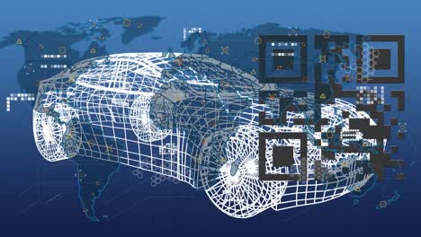 Animation-of-car-model-and-qr-code-over-world-map-on-blue-background