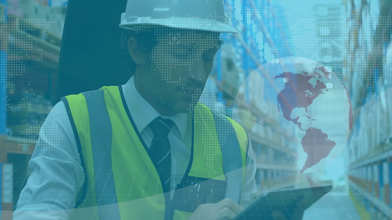 animación de un hombre caucásico trabajando en un almacén y usando una tableta digital sobre el giro del globo