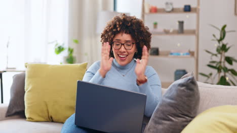 Woman-with-laptop,-fist-pump-and-yes-to-win