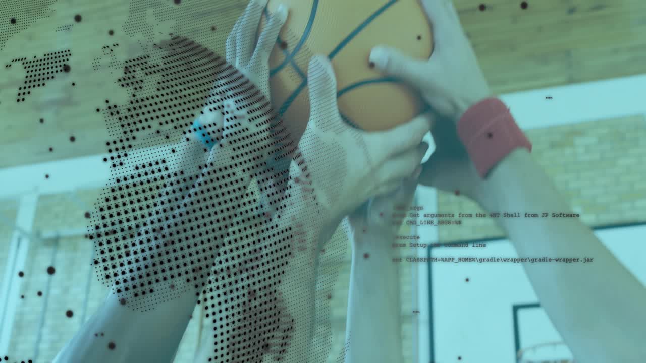 Loose ball rim sparking sports fight to gain men reaching gripping ball with globe text overlaying